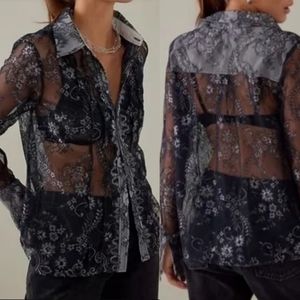 NWT Maeve Anthropologie Blouse Lace Sheer Metallic Long Sleeve Button Down Large